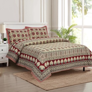 Marwad Hand Block Printed <b>Floral</b> Pattern 100% Cotton 200TC Anti-Dust Mite All-Season 3-Piece Bedding Set Handmade Indian - Product Image 2