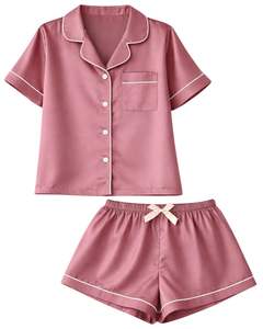 Conjunto de Pijama de Satén Rosa Polvoriento Personalizado para Mujer, Manga Corta, con Botones, Estilo Seda, Dos Piezas, Ropa de Dormir, Conjunto de Pantalones Cortos para Descansar - Product Image 6