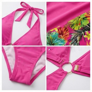 Maillot de bain une pièce pour femme, col halter, imprimé floral, taille haute, découpé, extensible, style bikini - Product Image 4