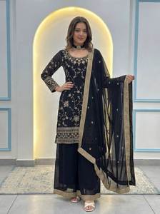 Shree Indian Exports presenta el conjunto de traje Anarkali Salwar con el diseño tradicional de bordado en la parte delantera, en el hermoso color azul oscuro. - Product Image 2