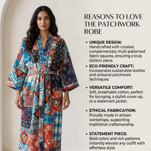 Kimono de algodón estilo boho con patchwork para mujer, manga larga, estampado multicolor, con cinturón, ropa de estar por casa, hecho a mano, cubrebaño de algodón. - Product Image 6