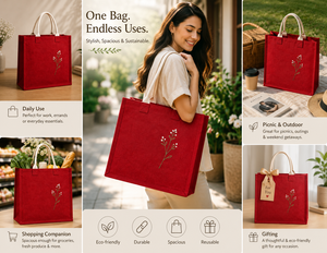 Red Jute Tote <b>Bag</b> With Embroidery Floral Design Hand Length Handle Shopping <b>Bag</b> <b>Medium</b> <b>Size</b> 40x15x35cm - Product Image 3