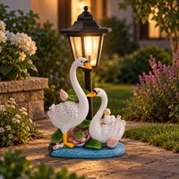 Statue de Cygne Familial en Résine Inspirée de la Nature pour Décoration de Jardin, avec Fleurs de Lotus et Lumière Chaude