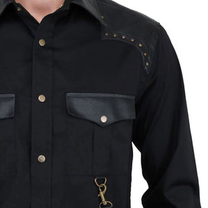 Black Gothic Long Sleeve <b>Shirt</b> Faux Leather <b>Patchwork</b> Button Down Punk Studded <b>Shirt</b> with D-Ring Hardware & Pockets - Product Image 4