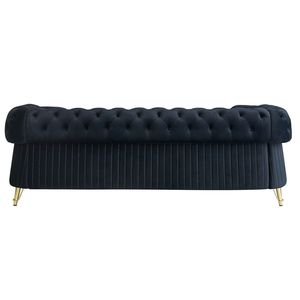 Divano Chesterfield Moderno 89 W in Velluto Nero Trapuntato per Soggiorno con Due Cuscini e Due Cuscini Decorativi - Product Image 4