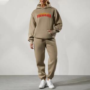 Ensemble de survêtement pour femme, coupe régulière, taille plus, hiver, couleur unie, poids moyen, avec sweat à capuche à cordon et pantalon de jogging, personnalisable OEM - Product Image 1