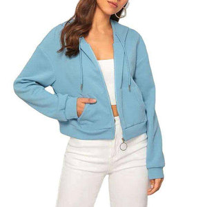 Ladies Short Cropped <b>Zipper</b> Hoodies Hooded <b>Tops</b> Long Sleeve Cotton Blend Relaxed Fit Cuffs Zip Front Modern Casual Clothing - Product Image 1