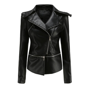 Chaqueta de Moto de Cuero PU para Mujer, Manga Larga, Cierre de Cremallera, Color Sólido, Estilo Otoñal, Cuello Camisero, Corte Regular - Product Image 3