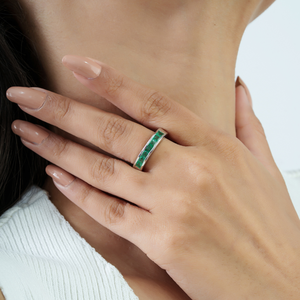 3 mm Princess Cut Natural <b>Emerald</b> Gemstone 925 Sterling <b>Silver</b> Half Eternity Unisex Band <b>Ring</b> Everyday Wear Jewelry - Product Image 2
