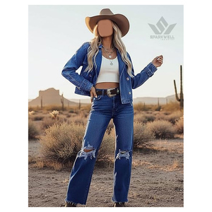 Women's Cropped Woven <b>Denim</b> Motorcycle Blazer Double Breasted Lapel Collar Long Sleeve Party Autumn Fashion <b>Jacket</b> - Product Image 6