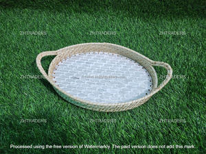 Affordable Indian Handicraft Round Rattan <b>Tray</b> Set with Pearl Shell Inlay Stylish Accent for Dining and Festive Home Decor - Product Image 2