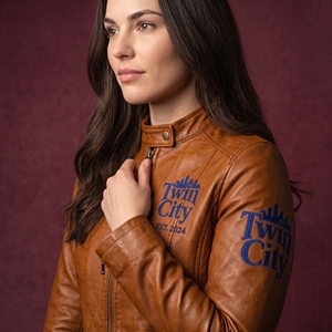Twin City Women's Genuine <b>Leather</b> Moto <b>Jacket</b> Brown Zipper Front Logo Design Regular Fit Autumn Wear - Product Image 5