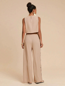 Elegant Embroidered Casual Solid Short Sleeveless Woven Chiffon Top 100% Cotton Full Length Co-Ord <b>Set</b> Women's Regular Fit - Product Image 3