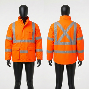 Veste de travail en toile de polyester de qualité supérieure 300 GSM, imperméable, respirante, à capuche, avec empiècements orange et bleu marine réfléchissants, pour l'hiver - Product Image 3