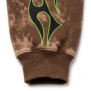 Men's Brown Hooded Tracksuit <b>Set</b> With Green Flame Print Full Sleeve Loose Fit Streetwear Shorts And Sweatshirt Autumn Wear - Product Image 3