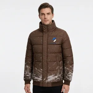 Veste d'hiver pour homme, imprimé montagne enneigée, col montant, fermeture éclair, coupe-vent, matière polyester - Product Image 3