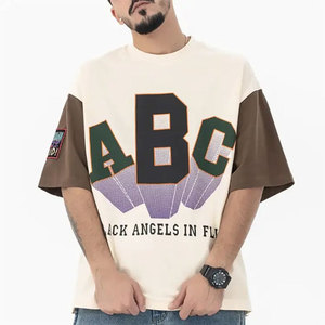 Camiseta Oversize con Bloques de Color y Estampado Gráfico para Hombre, Estilo Urbano Vintage, Camiseta de Algodón Personalizada de Corte Holgado, Moda Hip Hop - Product Image 1