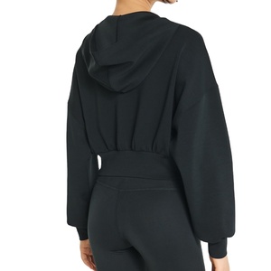 2025 New Arrival Black 100 Cotton Women's Long Sleeve <b>Winter</b> Pullover Custom Embroidered Hooded Crop <b>Top</b> - Product Image 2