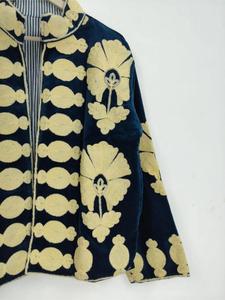 Premium Navy Velvet <b>Embroidered</b> Suzani <b>Jacket</b> With Floral Pattern Full Sleeve Stand Collar Bohemian <b>Women</b> Autumn Outerwear - Product Image 4
