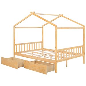 Letto a piattaforma naturale a grandezza naturale con testiera e pediera a due cassetti, design unico a tetto per bambini - Product Image 6