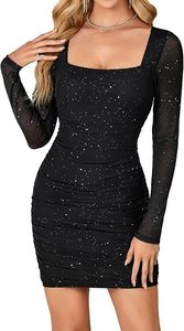 Robe mini de soirée pour femme à manches longues en résille, col carré, coupe ajustée, style clubwear sexy, modèle Signature - Product Image 4