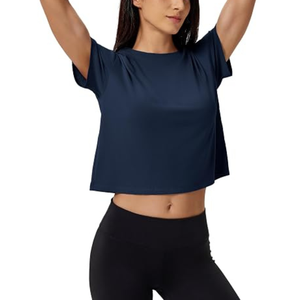 Sexy Women's <b>Navy</b> Blue Cropped Short Sleeve Knitted O-Neck Casual Solid Color Breathable Gym <b>Top</b> - Product Image 1