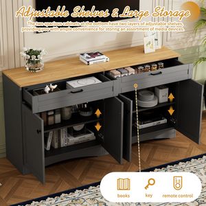 Mobile TV in Stile Mid-Century con 2 Cassetti, Credenza Versatile Effetto Legno con Ripiani Regolabili per TV fino a 70 Pollici - Product Image 4