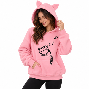 Sudadera con Capucha de Orejas de Gato Rosa de Moda para Mujer, Top Corto Casual de Color Liso, Sudadera con Capucha de Manga Larga de Algodón Tejido para Otoño - Product Image 5