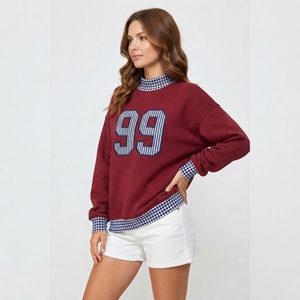 Sudadera Verde de Cuello Alto para Mujer con Estampado de Número 12 y Ribete de Gingham, Corte Regular, Estilo Casual para Otoño - Product Image 6