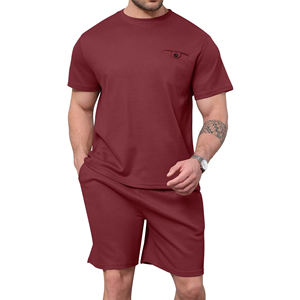 Ensemble de survêtement d'été pour homme à manches courtes, motif uni, deux pièces, short longueur genou, vêtements de sport, fitness, course à pied et gym - Product Image 1