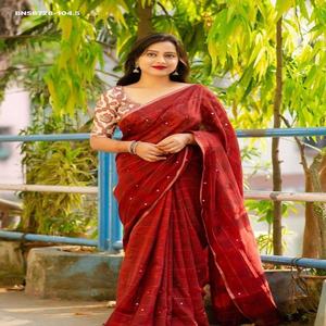 Sari de lino de excelente calidad y color deslumbrante con tejido Zari a cuadros y trabajo de espejo en toda la prenda, proveedor de Surat - Product Image 1