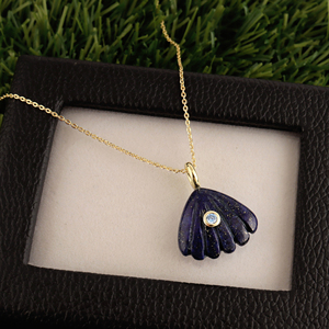 Royal blue lapis lazuli shell carving pendant <b>with</b> sparkling blue cubic zirconia bezel setting natural gemstone necklace jewelry - Product Image 3