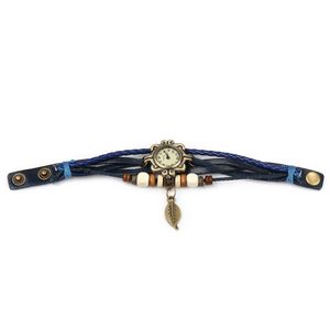 Belle montre à anneau pour femme en cuir faite à la main, style bohème rétro, design feuille d'arbre bleue - Product Image 2