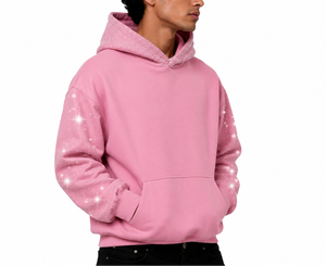 Sudadera con Capucha de Lujo con Logotipo de Diamantes de Imitación, Estilo Urbano, Oversize, de Algodón Pesado y Poliéster, Manga Larga, Rosa Brillante, para Hombre y Mujer, OEM/ODM - Product Image 3