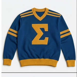 Pull en tricot 100 % coton bleu à col en V pour homme avec broderie Sigma dorée, coupe classique, style preppy, pour l'automne - Product Image 1