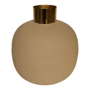 Grand pot à fleurs rond en céramique de grès |   Vase en céramique avec col doré électro-plaqué | Vase artisanal de fleurs séchées pour la décoration intérieure - Product Image 1