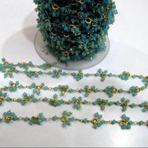 Chaîne de perles pendantes en calcédoine aquatique et quartz hydro, motif fleur, 4 mm, rondes, facettées, en grappe, style chapelet, vendue au mètre - Product Image 3