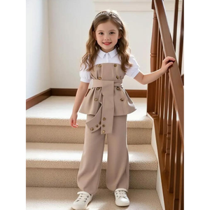 Ensemble élégant pour petites filles : combinaison à volants et pantalon formel 2 pièces à double boutonnage avec chemisier contrastant - Product Image 3