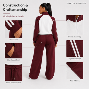 Ensemble de survêtement pour femme ONETEN APPARELS, couleur marron et blanc, blocs de couleur, manches longues, demi-zip, coupe ample, pantalon de jogging avec poches latérales - Product Image 5