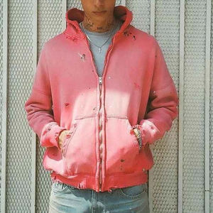 Sweat-shirts personnalisés brodés pour hommes, à strass, double fermeture éclair, à capuche, épais, de haute qualité, effet délavé soleil - Product Image 3