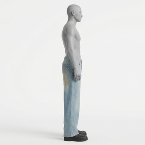 <b>Men's</b> High Waist <b>Wide</b> <b>Leg</b> Bleach Wash Denim <b>Jeans</b> With Embroidery Loose Fit Streetwear Style Summer Cotton Pants - Product Image 2