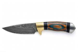 Cuchillo utilitario de acero de Damasco hecho a mano con mango de madera de Burl estabilizada y guardacuchillo de latón - Product Image 2