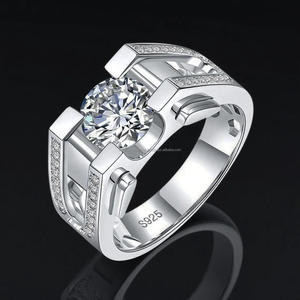 925 Sterling <b>Silver</b> Round Cut Lab Grown Diamond Men's Engagement <b>Ring</b> Modern Geometric <b>Solitaire</b> Statement <b>Ring</b> - Product Image 1
