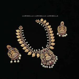 Rhodium Plated Gold Designer <b>Bridal</b> <b>Necklace</b> <b>Set</b> with <b>Earrings</b> - Product Image 2