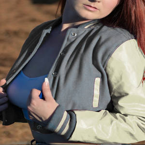 Veste courte universitaire pour femme, style Letterman, gris beige, avec manches en similicuir, vêtement d'extérieur décontracté, mode féminine - Product Image 3