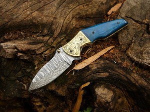 Couteau pliant artisanal en acier Damas, design élégant avec bolster, couteau de poche EDC, manche en os de chameau, lame Drop Point 2,5 mm - Product Image 4