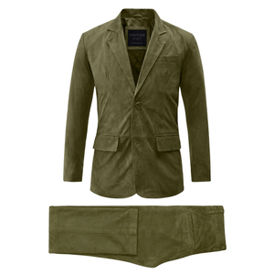 Traje de Dos Piezas de Gamuza Verde Oliva para Hombre, Marca Leather Cult, Blazer de Solapa con Muescas y Cierre de un Solo Botón - Product Image 6