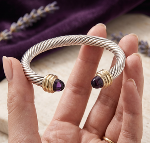 Wholesale 925 Solid Sterling Silver Gold Plated Natural Amethyst Twisted Cable Open Cuff Bangle Fine Jewelry Memoria Jewels - Product Image 6
