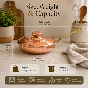 Pure Copper Frying Pan with Lid Handmade Copper Skillet Brass Handle Cooking Pan Premium Cookware OEM ODM Manufacturer - Product Image 5
