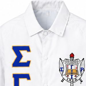 Chaqueta de la hermandad Sigma Gamma Rho con diseño de escudo blanco, personalizada con letras griegas SGRho, ropa de hermandad, cremallera completa, informal, para la universidad - Product Image 6